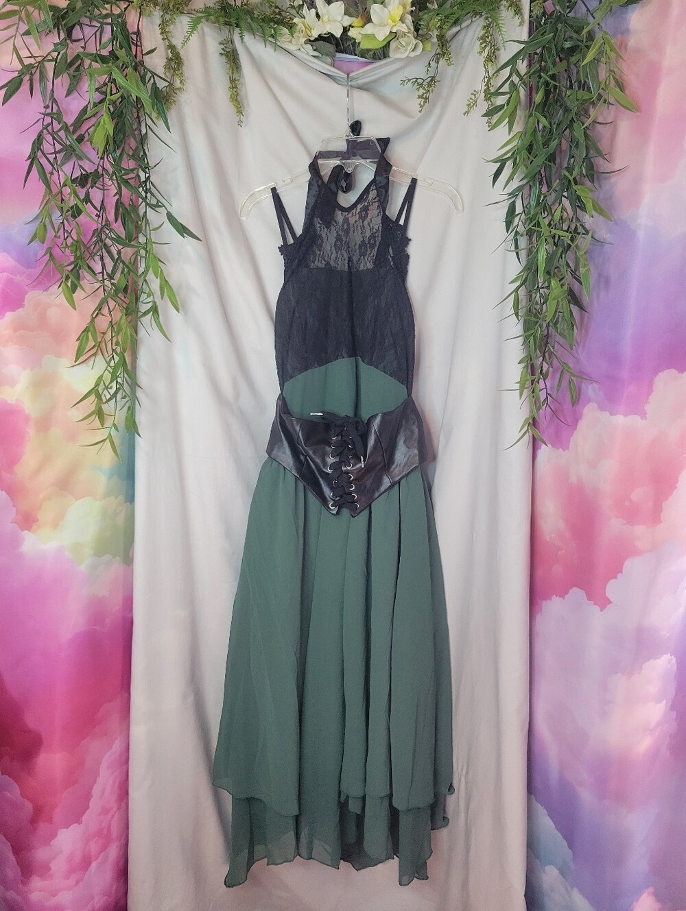 Black Lace & Forest Green Goth Witchy Midi Dress with Faux Leather Corset